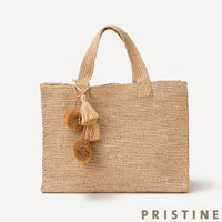 PRISTINE(プリスティン) ラフィアトートバッグ ボンボン付き ナチュラル
